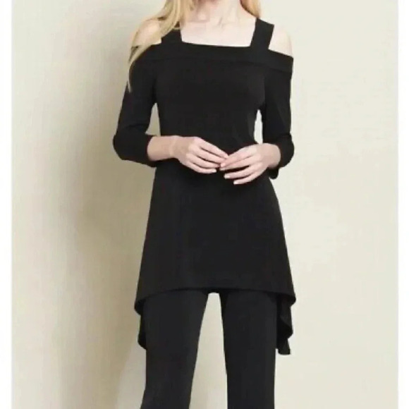 Clara Sun Woo open shoulder tunic black floral asymmetrical hem Size M - Picture 8 of 9